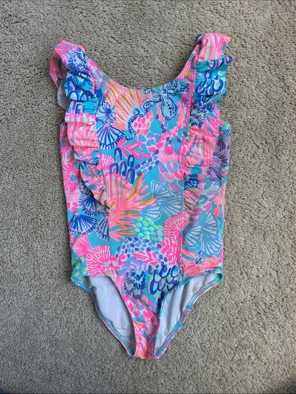 Lilly Pulitzer Girls Floral Ruffle One-Piece Swimsuit, 4